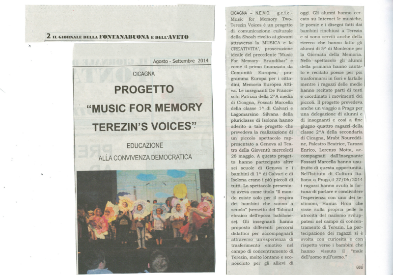 Giornale Fontanabuona ed Aveto, agosto-settembre 2014, progetto Muzsic for Terezin